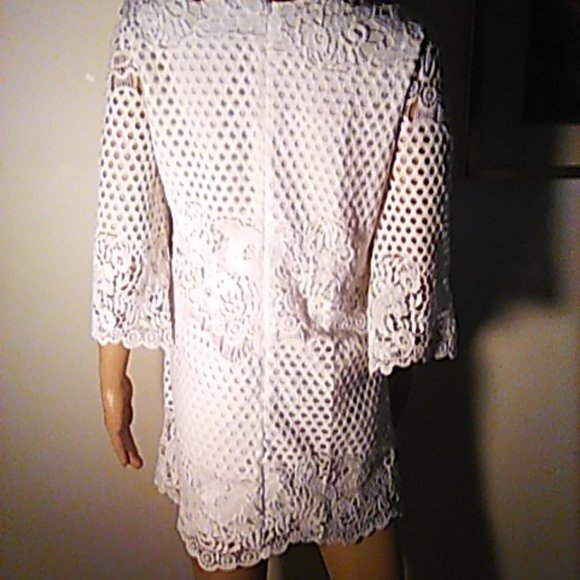 New Dress White Crochet Small Stand Lined Mini Bell See-Through Sleeves NWT - Picture 6 of 6